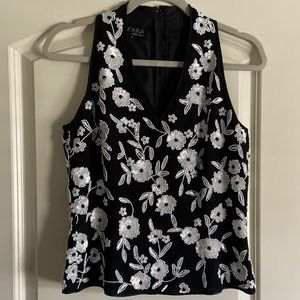 J Kara Black Sleeveless V-Neck Top with White Sequin Floral Embroidery